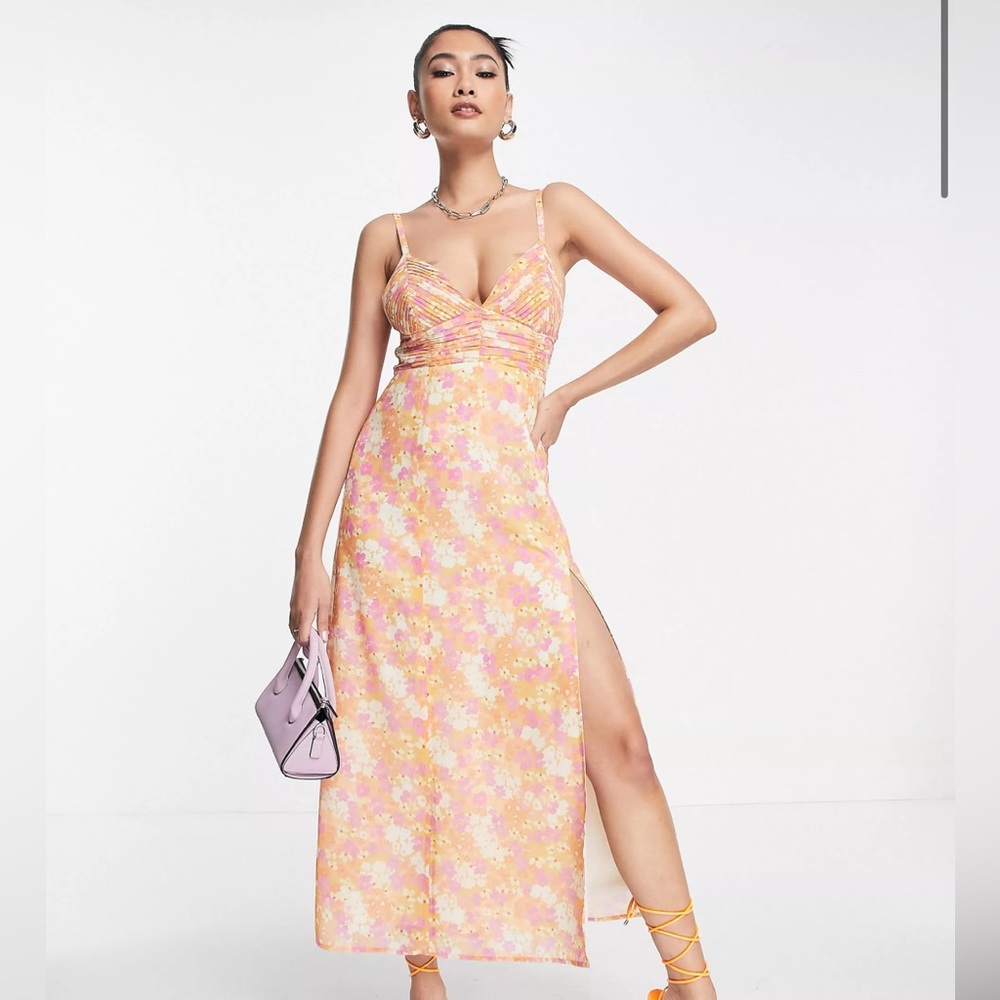 ASOS DESIGN cami pleated midi dress with slit in coral floral print